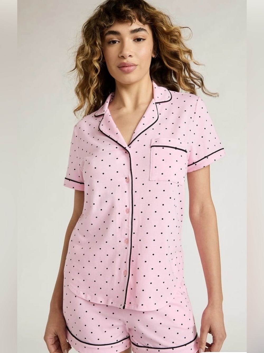 NWT Joyspun Pale Pink Satin Polka Dot Pajama Set with Black Trim XL